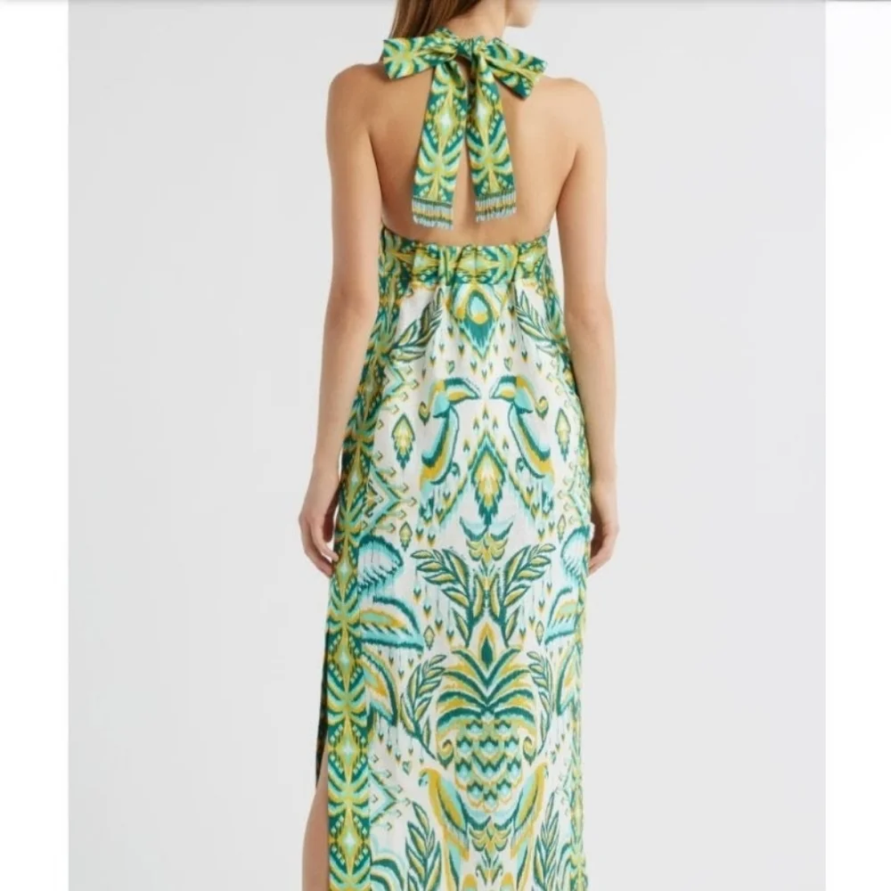 FARM RIO Blue/Greens & Cream Beads Tropical Tapestry Linen Halter Maxi Sundress - Picture 4 of 16